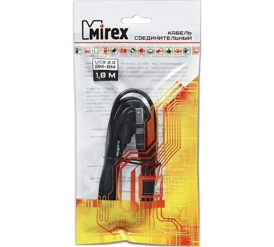 Соединительный кабель Mirex usb 2.0 am-bm 1,8 метра 13700-AMBM18BK