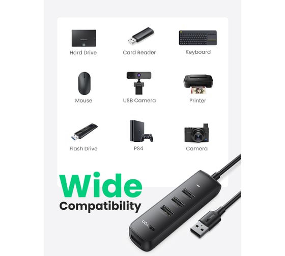 Хаб Ugreen cm416 usb 3.0 4-port hub. длина 1 м. цвет: черный 80657