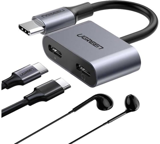 Адаптер Ugreen cm232 type c male to type c female + type c female audio adapter. цвет: серый 60165