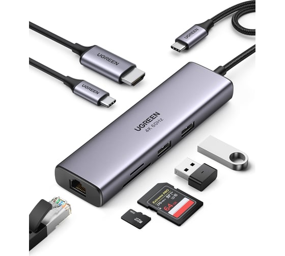 Адаптер Ugreen cm512 usb-c multifunction adapter with ethernet interface. цвет: серый космос 60515