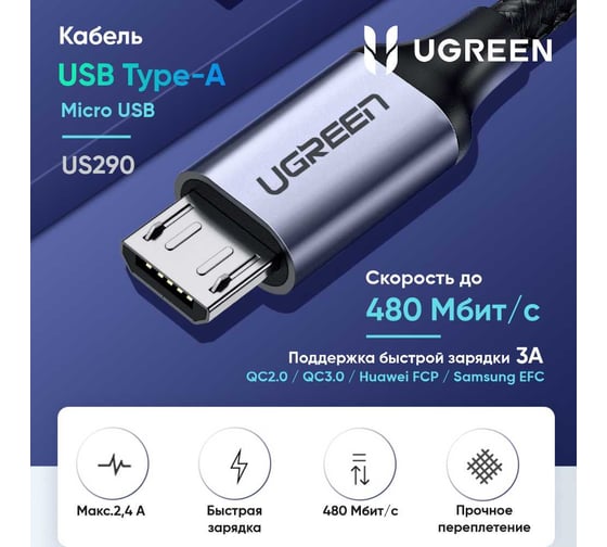 Кабель Ugreen us290 usb 2.0 a to micro usb cable nickel plating alu braid. длина: 2 м. цвет: серо-черный 60148
