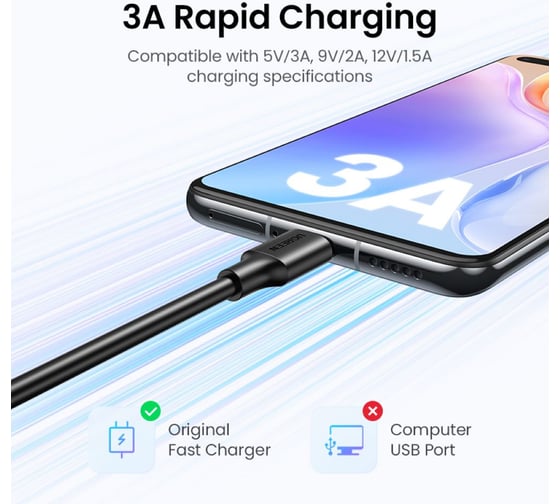 Кабель Ugreen us287 usb-a 2.0 to usb-c cable nickel plating. длина: 1,5м. цвет: черный 60117