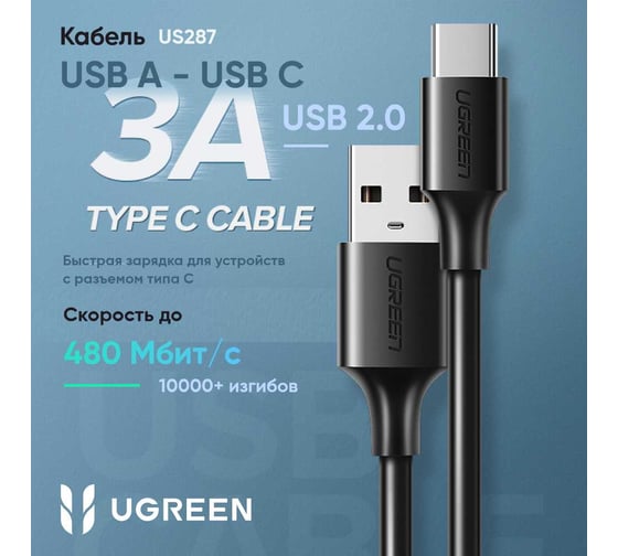 Кабель Ugreen us287 usb-a 2.0 to usb-c cable nickel plating. длина 1 м. цвет: черный 60116