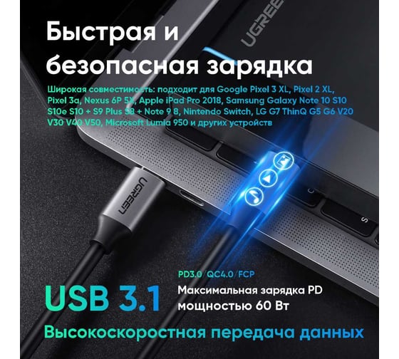 Кабель Ugreen us161 usb 3.1 type c male to c male cable nickel plating aluminum shell. длина: 1,5м. цвет: серый 50751
