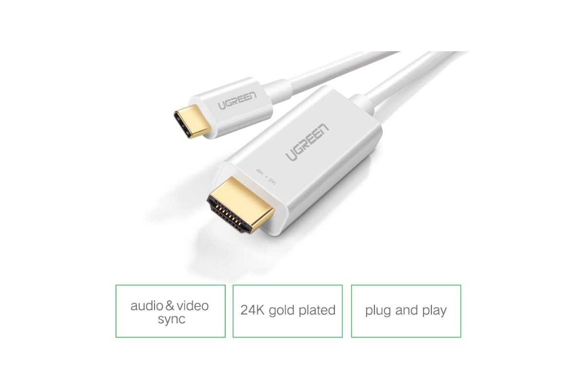 Кабель Ugreen mm121 (30841) usb type c to hdmi cable male to male abs case.  длина 1,5 м. цвет: белый 30841_ - выгодная цена, отзывы, характеристики,  фото - купить в Москве и РФ