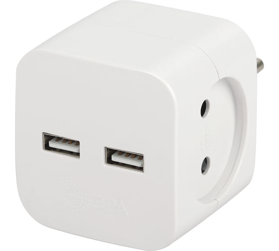 Электрический разветвитель ЭРА SP-2-USB-W на 2 розетки, 220V + 2xUSB 2400mA, без заземления, 10А, белый Б0049531 1
