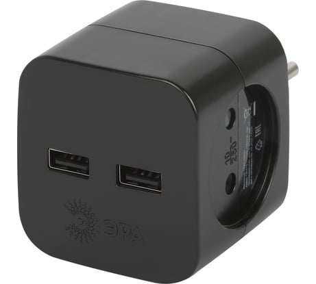 Электрический разветвитель ЭРА SP-2-USB-B на 2 розетки, 220V + 2xUSB 2400mA, без заземления, 10А, черный Б0049535