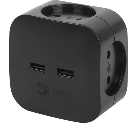 Электрический разветвитель ЭРА SP-4-USB-B на 4 розетки, 220V + 2xUSB 2400mA, без заземления, 10А, черный Б0049536