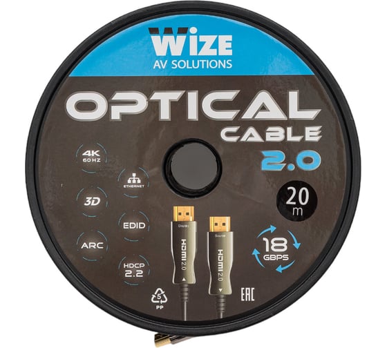 Кабель HDMI Wize AOC-HM-HM-20M оптический, 20 м, 4K/60HZ 4:4:4, v.2.0, ARC, 19M/19M, HDCP 2.2, Ethernet, черный, коробка 6 121671