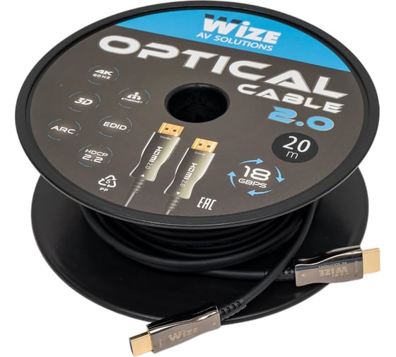 Кабель HDMI Wize AOC-HM-HM-20M оптический, 20 м, 4K/60HZ 4:4:4, v.2.0, ARC, 19M/19M, HDCP 2.2, Ethernet, черный, коробка 6 121671