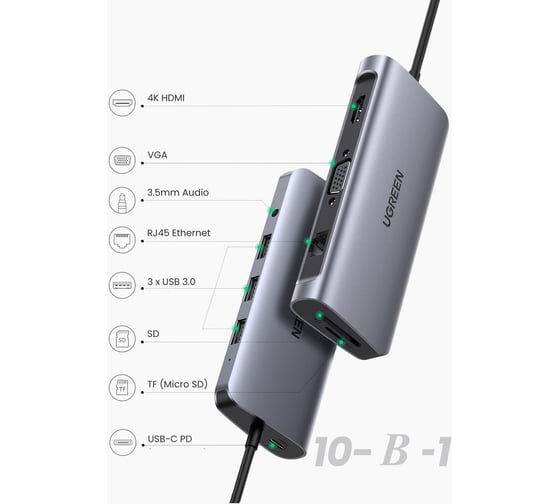 USB концентратор UGREEN 10 в 1 хаб, 3 x USB 3.0, HDMI, VGA, RJ45, SD/TF, Jack 3,5 mm, PD 80133