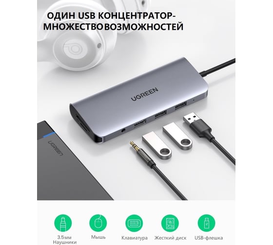 USB концентратор UGREEN 10 в 1 хаб, 3 x USB 3.0, HDMI, VGA, RJ45, SD/TF, Jack 3,5 mm, PD 80133