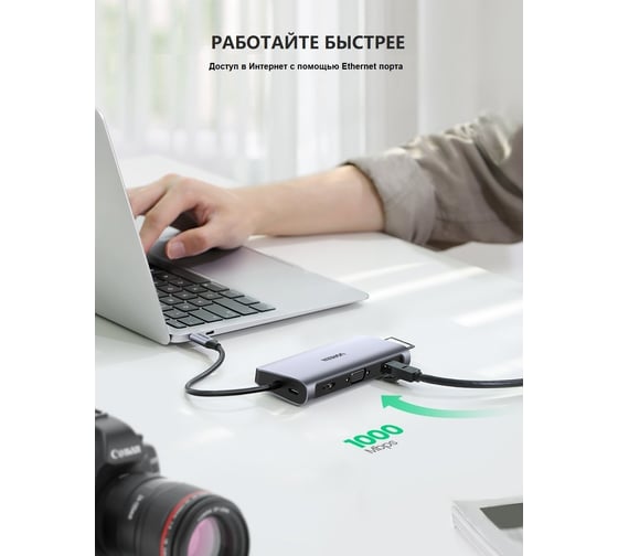 USB концентратор UGREEN 10 в 1 хаб, 3 x USB 3.0, HDMI, VGA, RJ45, SD/TF, Jack 3,5 mm, PD 80133