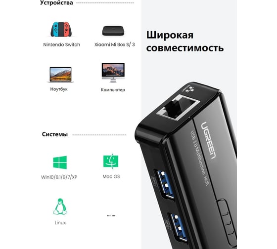 USB концентратор UGREEN 4 в 1 хаб, 3 x USB 3.0, RJ45 20265
