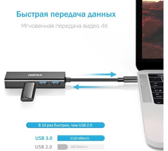 USB концентратор Choetech 4 в 1 (хаб). 3 x USB 3.0. RJ45 (HUB-U02) HUB-U02-BK