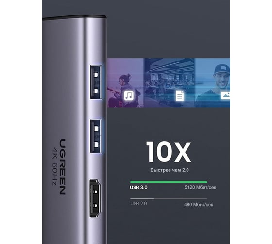 Адаптер Ugreen CM511 USB-C Multifunction Adapter with PD Charging. Цвет: серый космос 60384