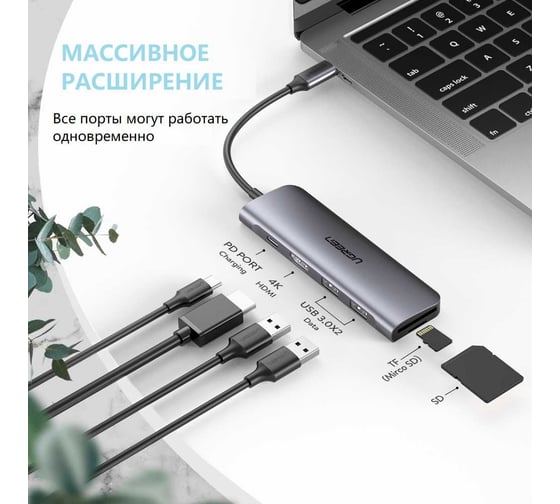 USB концентратор UGREEN 6 в 1 хаб, HDMI, 2 x USB 3.0, SD/TF, PD 70411