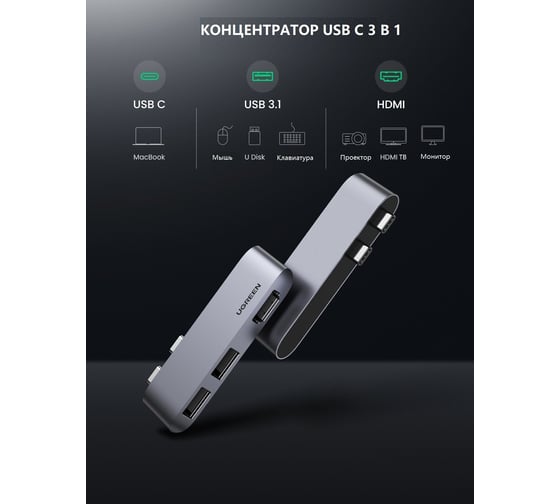 USB концентратор UGREEN для MacBook хаб, 2 x USB 3.0, HDMI 10914