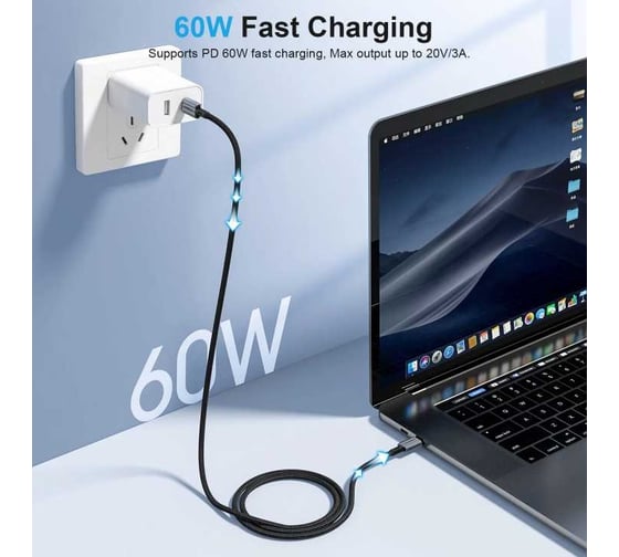 Кабель для передачи данных и зарядки Choetech USB Type C, PD 60 Вт, нейлоновая оплетка, 1.2 м XCC-1014-BK