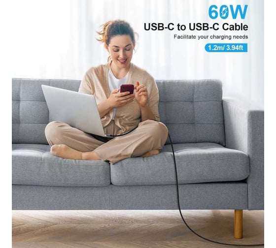 Кабель для передачи данных и зарядки Choetech USB Type C, PD 60 Вт, нейлоновая оплетка, 1.2 м XCC-1014-BK
