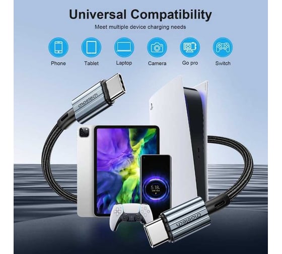 Кабель для передачи данных и зарядки Choetech USB Type C, PD 60 Вт, нейлоновая оплетка, 1.2 м XCC-1014-BK