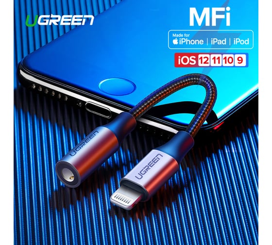Аудиоадаптер UGREEN Lightning - AUX Jack 3.5 мм f, в оплетке, цвет серо-черный, 10 с 30756