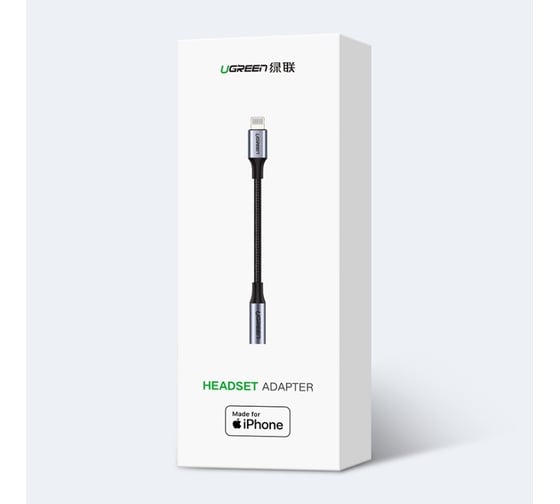 Аудиоадаптер UGREEN Lightning - AUX Jack 3.5 мм f, в оплетке, цвет серо-черный, 10 с 30756