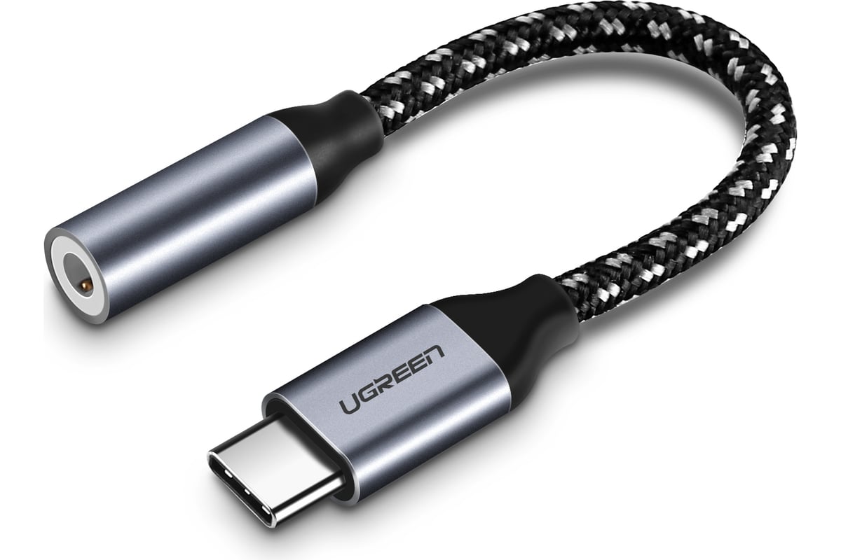 Аудиоадаптер UGREEN USB C - AUX Jack 3.5 мм f, в оплетке, цвет серо-черный,  10 см 30632