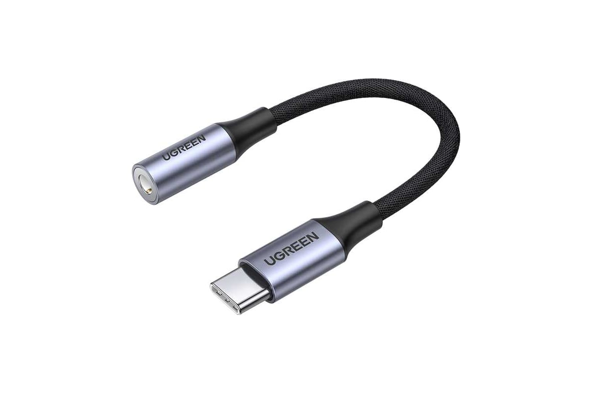 Аудиоадаптер UGREEN USB C - AUX Jack 3.5 мм f с чипом DAC ЦАП , в оплетке,  цвет серый, 10 см 80154 - выгодная цена, отзывы, характеристики, фото -  купить в Москве и РФ