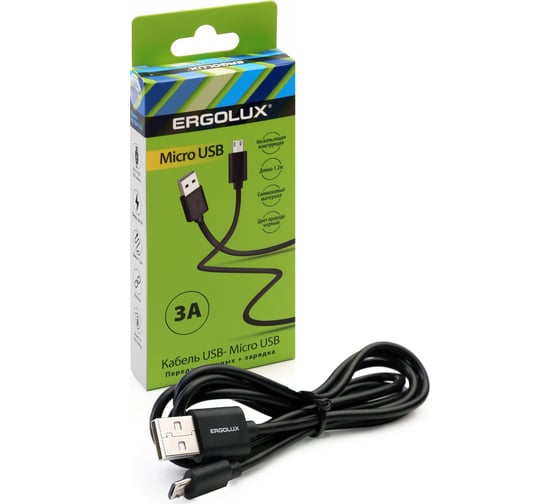 Кабель usb-micro usb Ergolux Elx-cdc01-c02 3а, 1,2м, черный, зарядка+передача данных, коробка 15093