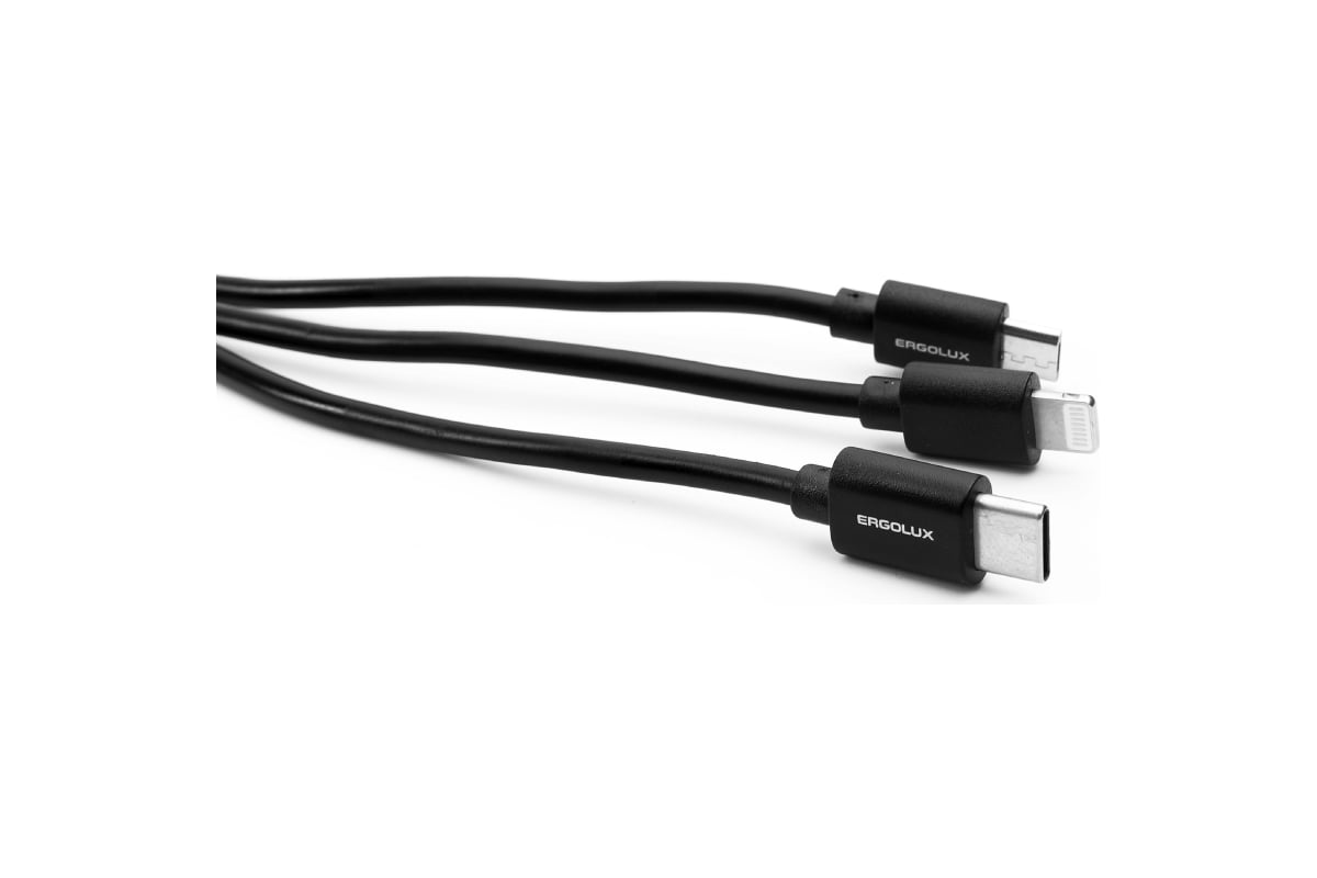 Кабель 3в1- micro usb-lightning-type c Ergolux Elx-cdc05-c02 3а, 1,2м,  черный, зарядка, коробка 15099 - выгодная цена, отзывы, характеристики,  фото - купить в Москве и РФ