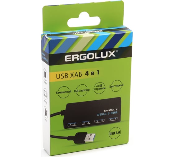Разветвитель usb-4usb Ergolux Elx-slp01-c02 2а, черный, коробка 15109