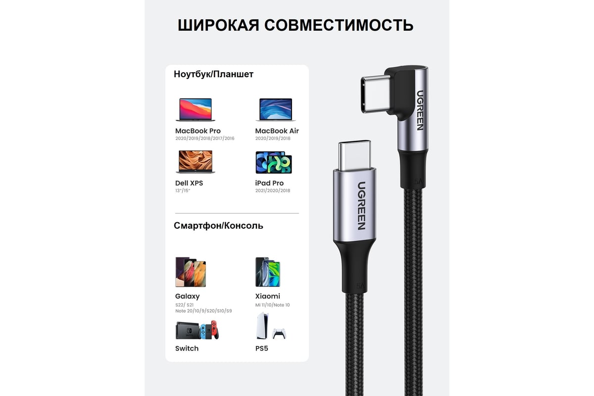 Кабель для зарядки и передачи данных Ugreen 90 угловой USB C 2.0 - USB C  2.0 5A, 2 м 70645