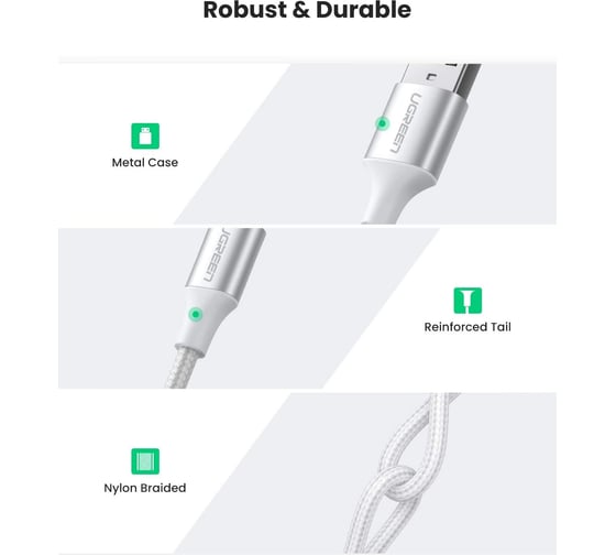 Кабель для зарядки и передачи данных Ugreen USB A Male - USB C Male, 3A, 0.5м, в оплетке, белый 60130