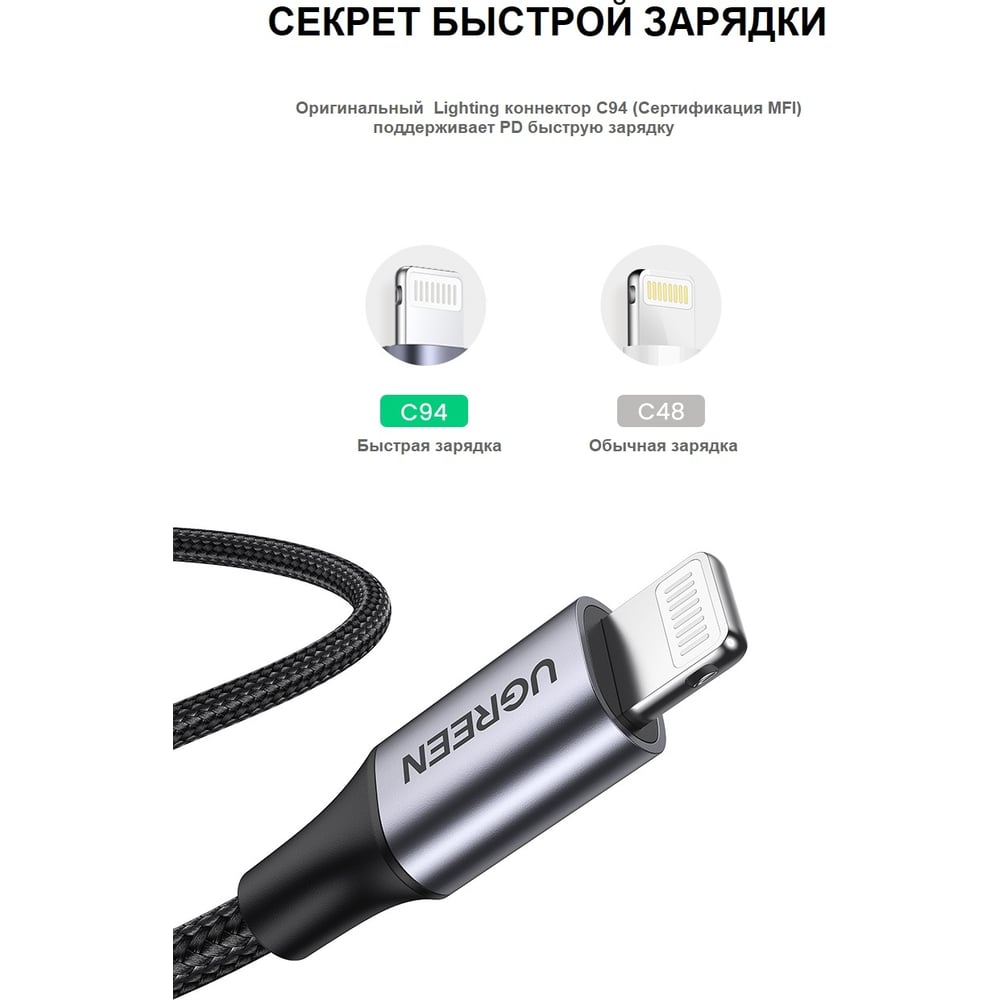 Кабель для зарядки и передачи данных Ugreen USB C 2.0 - Lighting MFI, 1,5 м  60760 - выгодная цена, отзывы, характеристики, фото - купить в Москве и РФ