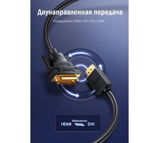 Кабель HDMI - DVI-D Ugreen 24+1, 30 AWG, OD 7,3 мм, 1080x60ц, 5 м 10137
