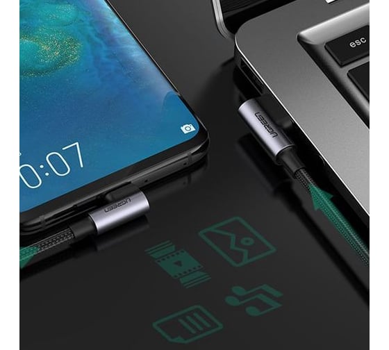 Кабель Ugreen USB-C Male - USB 2.0 A Male, 3A, для зарядки и передачи данных, угловой 90, 1м, цвет черный 20856