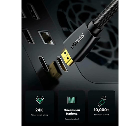 Кабель Ugreen HDMI Male-Male 4К/60Гц, 2м, цвет черный 40410