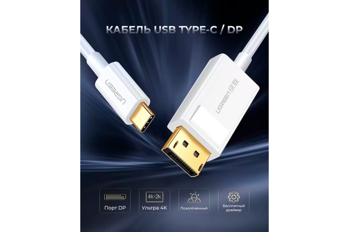 Адаптер Ugreen USB-C - DisplayPort, 4K30Гц, 1.5м, цвет белый 40420 -  выгодная цена, отзывы, характеристики, фото - купить в Москве и РФ