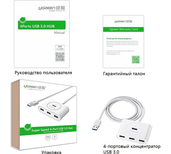 USB концентратор Ugreen хаб USB 3.0x4, 1 м, цвет белый 20283