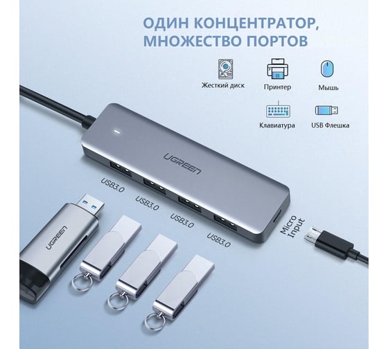 Хаб Ugreen CM219 4-Ports USB-C 3.0 Hub. Цвет: серый 70336 70336