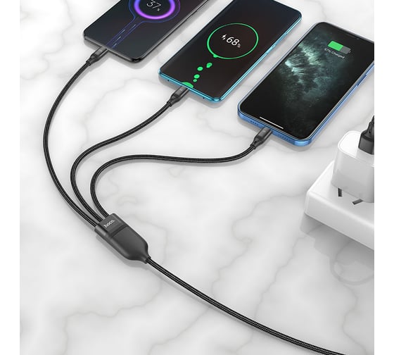 Usb кабель Hoco u104 lightning 8-pin/microusb/type-c, 3в1, 1м, нейлон (черный) 0L-00057781