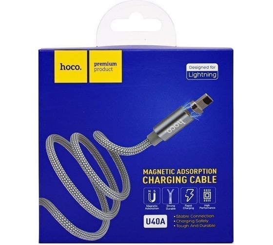 Usb кабель Hoco u40a magnetic adsorption lightning 8-pin, магнитный, 1м, нейлон (серый) 0L-00039444