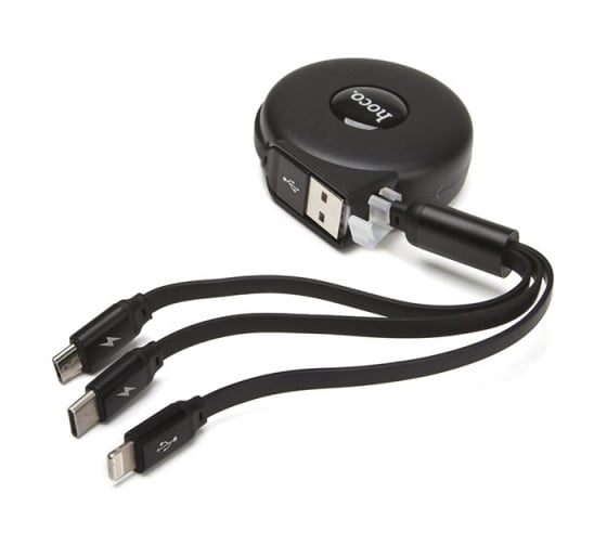 Usb кабель Hoco u50 lightning 8-pin/microusb/type-c, рулетка, 3в1, 1м, tpe (черный) 0L-00043301 1