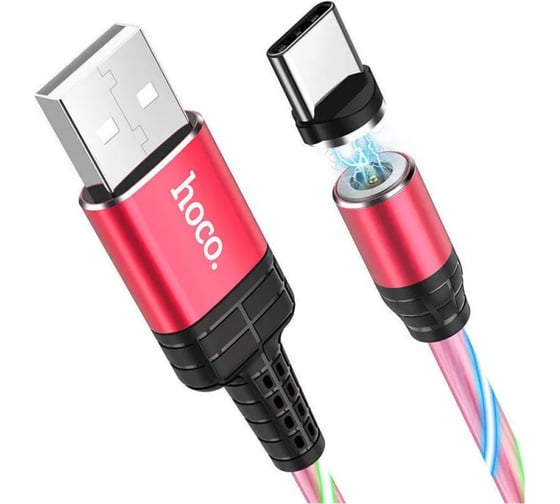 Usb кабель Hoco u90 ingenious streamer lightning 8-pin, магнитный, led подстветка, 1м, tpe (красный) 0L-MG-WF322