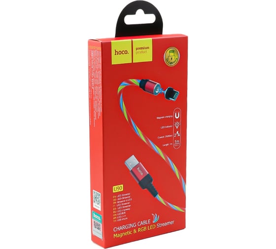 Usb кабель Hoco u90 ingenious streamer lightning 8-pin, магнитный, led подстветка, 1м, tpe (красный) 0L-MG-WF322