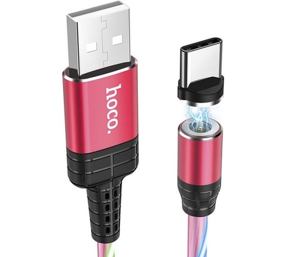 Usb кабель Hoco u90 ingenious streamer type-c, магнитный, led подстветка, 1м, pvc (красный) 0L-MG-WF324 1