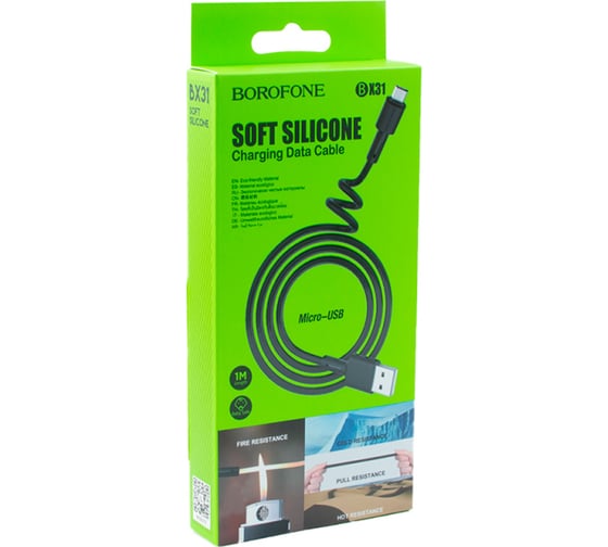 Usb кабель Borofone bx31 soft silicone micro usb, 1м, 2.4a, силикон, черный 0L-MG-WF836