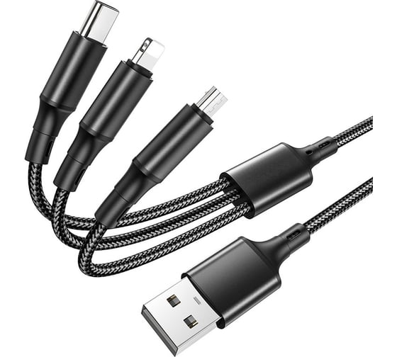 USB кабель Borofone bx50 fresco lightning 8-pin/microusb/type-c, 3в1, 1м, 2.4a, нейлон (черный) 0L-00050542 1