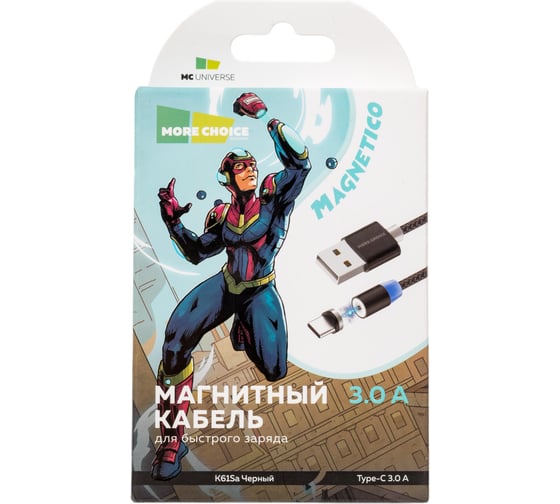 Дата-кабель More Choice Smart USB 3.0A для Type-C Magnetic нейлон 1м K61Sa Black